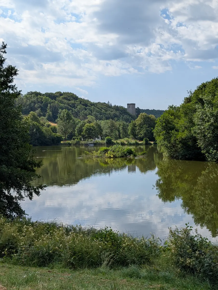 Ruderbach-Stausee bei Kerpen mit Blick auf den Turm der Burg Kerpen über den bewaldeten Hügeln